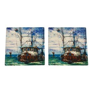 2 Bernard Shrimp Boat Louisiana Absorbent Stone Cork Back Coaster Set NEW